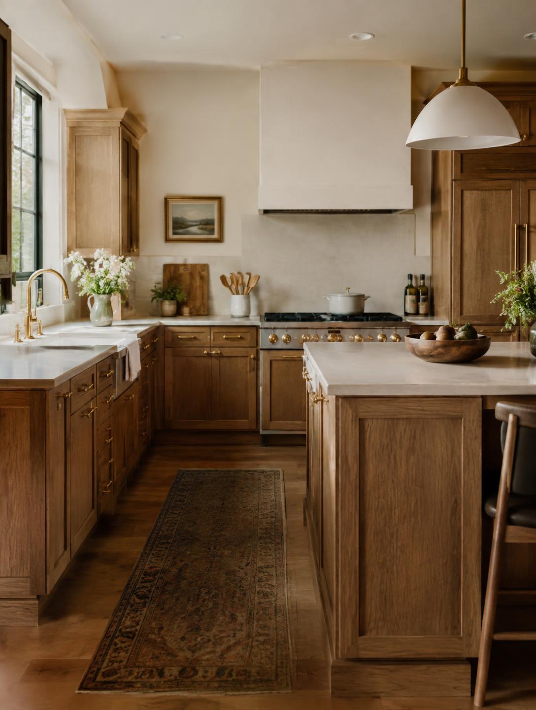 Warm finished kitchen remodel with oak cabinetry and brass fixtures